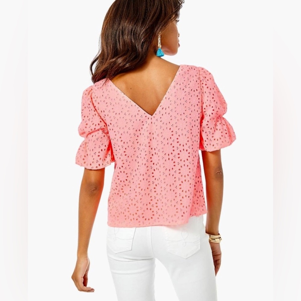 Lilly Pulitzer XXS XS Shaila Puff Sleeve Eyelet Blouse Top Bright Neon Pink‎ - Picture 13 of 14